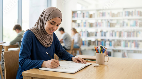 Smiling Muslim female student in hijab drawing in sketchbook at library desk. Happy young woman studying with colored pencils. Diverse education concept