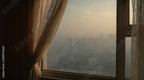 Hazy Urban Skyline View from Apartment Window During Golden Hour, Soft Sunlight Through Sheer Curtain, Tranquil Cityscape Morning