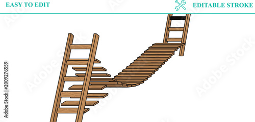 Картината върху платно Broken wooden bridge connecting two ladders, concept of difficult transition, un