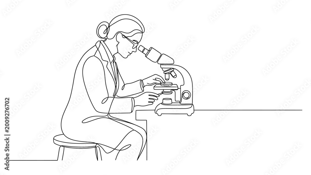 Naklejka premium Continuous one line drawing of a female scientist working with a microscope in a laboratory.