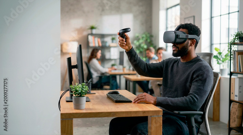 African American man using a VR headset and controller in a modern office. Male developer working with virtual reality technology. Future of business and innovation concept