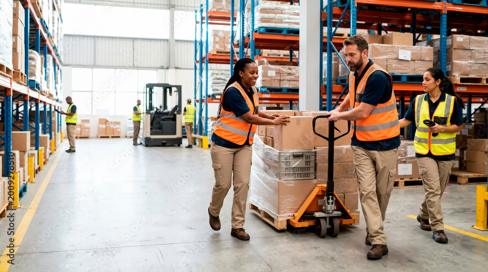 Obraz premium Diverse team of warehouse workers moving a pallet of boxes with a manual jack. Logistics and distribution center employees cooperating in high visibility vests. Supply chain teamwork