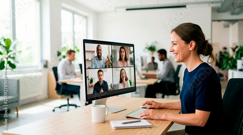 Smiling businesswoman having a virtual team chat on a desktop computer in a modern office. Professional female employee on a video conference call with diverse colleagues. Online communication