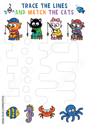 Trace the Lines Match Cats and Sea Animals Worksheet 