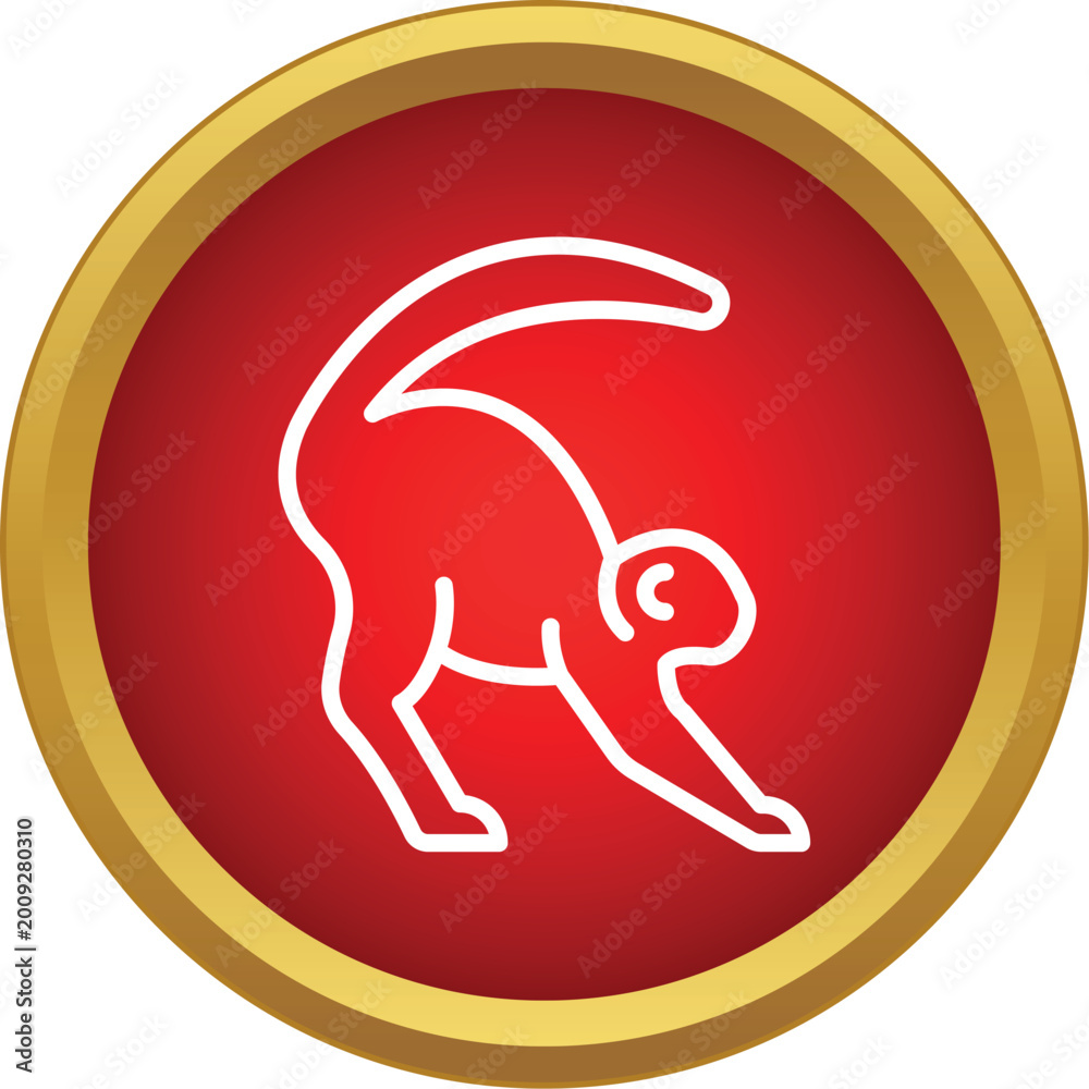 Obraz premium Monkey animal stretching on a red circular button with a gold border