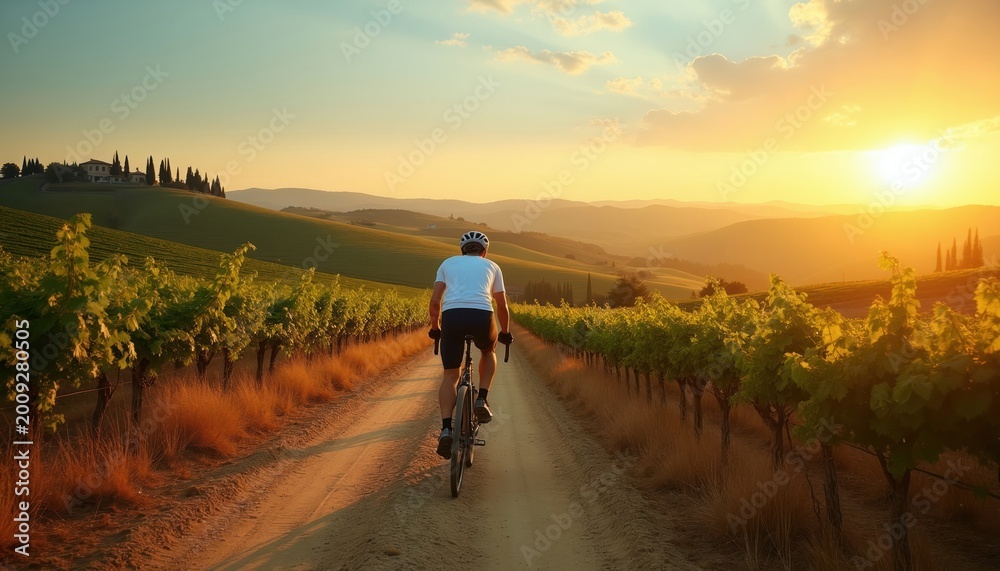 Naklejka premium Man rides bicycle on dirt road through vineyard landscape at sunrise. Golden hour light illuminates rolling hills and cypress trees in Tuscany Italy.