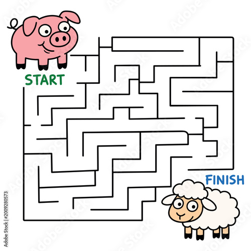 Farm Animal Maze Puzzle with Cute Pig and Sheep