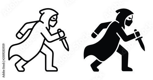 Принти на полотні black and white vector illustration of two robbers with knives running
