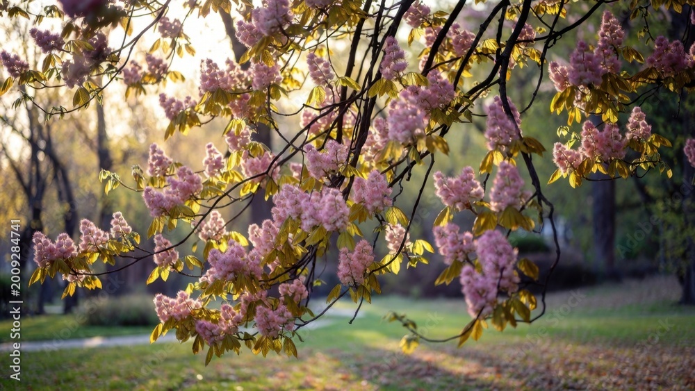 Fototapeta premium Pink blossoms hanging from branch in park during golden hour
