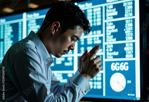 Pensive Businessman Analyzing Stock Market Data on Digital Screens