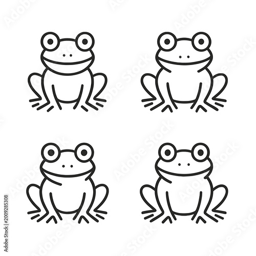 Monochrome frog pattern with four cartoon frogs on black background