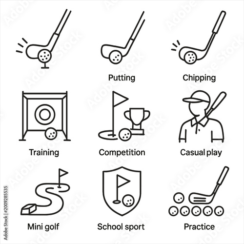 Golf icons for training, competition, mini golf, and school sports