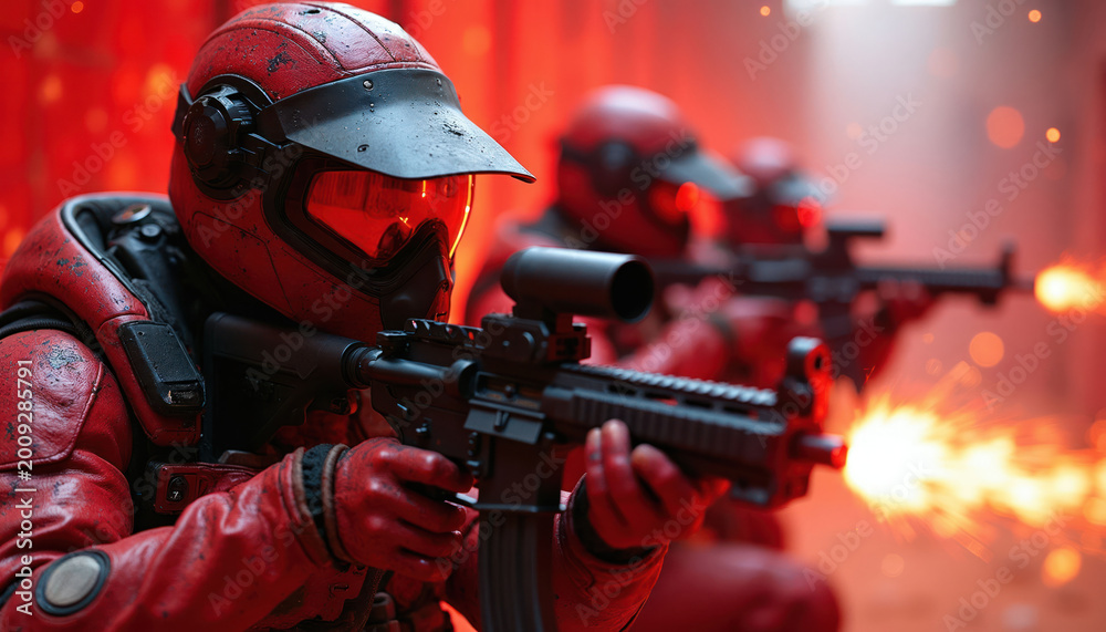 Naklejka premium Red clad soldiers in futuristic gear aim assault rifles with muzzle flash. They advance on a red battlefield, smoke and sparks flying around them. Action game players in uniform ready for fight.