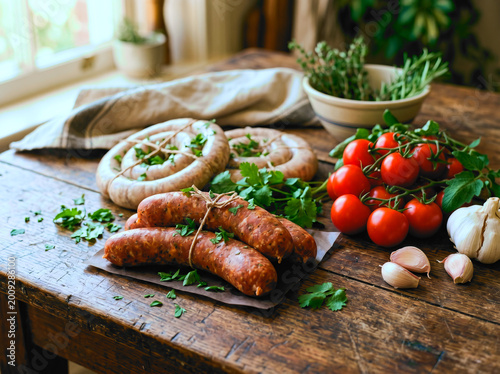 A rustic wooden table displays assorted raw sausages, garnished with parsley and cilantro, alongside cherry tomatoes and garlic.