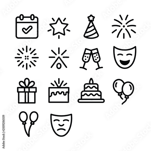 Set of festive celebration and party icons with masks and gifts, festival