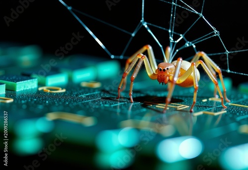Macro Shot of Spider on Circuit Board with Intricate Web and Low Key Lighting