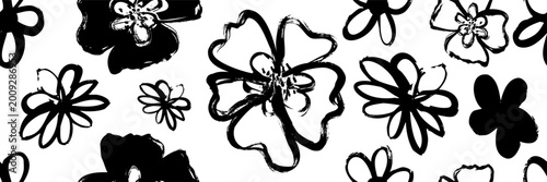 Ink brush stroke flowers seamless pattern