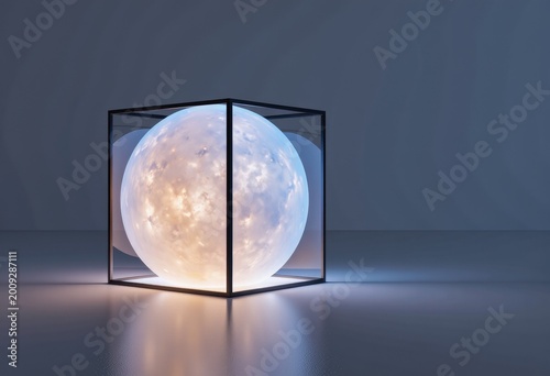 Illuminated Sphere Enclosed in Geometric Glass Cube with Soft Ambient Lighting on Smooth Surface