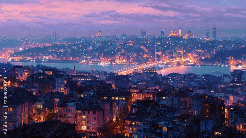 Fototapeta premium Nighttime cityscape with bridge over water and illuminated buildings