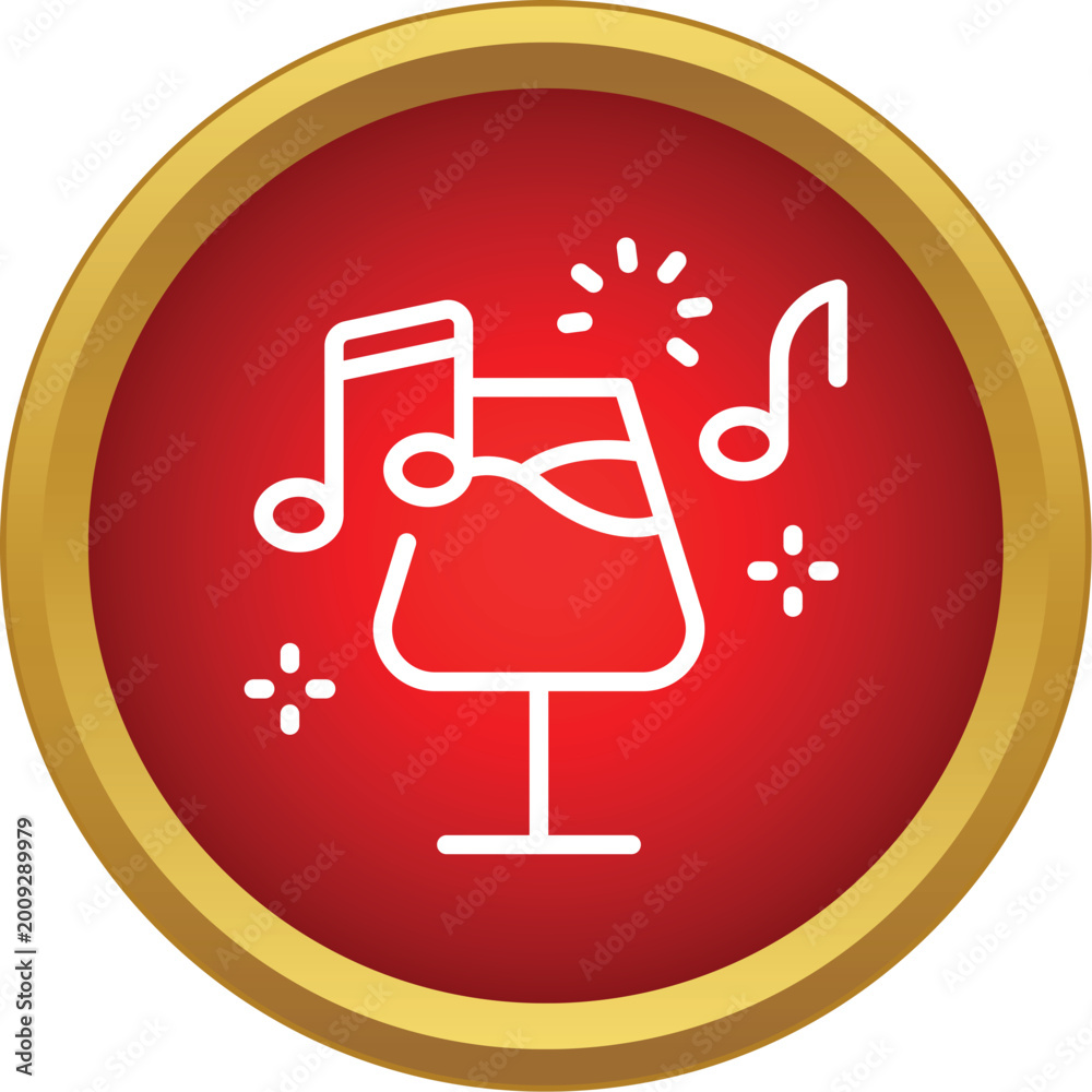 Fototapeta premium Glass of wine with musical notes and sparkles on a red circular background with gold border