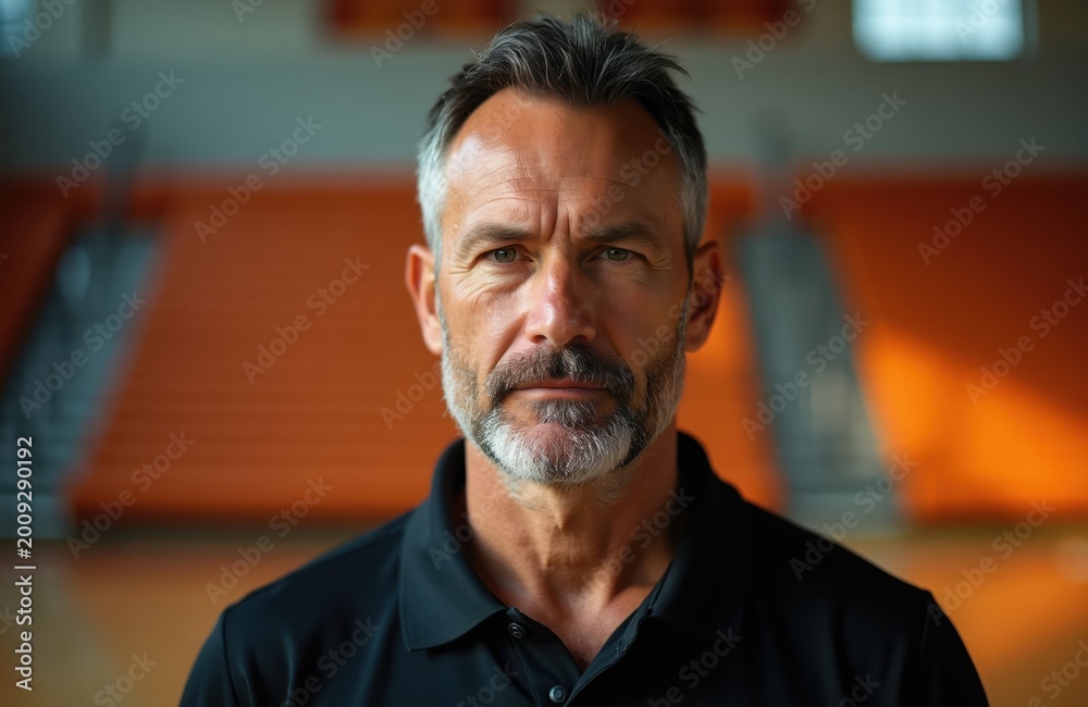 Obraz premium Mature man with grey hair and beard, wearing black polo shirt, stands in gym. Focused look, warm light highlights face. Background shows blurred orange bleachers, suggesting sport coaching.