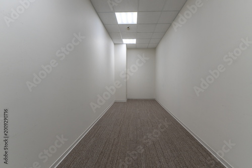 A long and narrow hallway stretches ahead with plain white walls. The floor is covered with gray carpet. Bright lights on the ceiling light up the space. There are no decorations or furniture