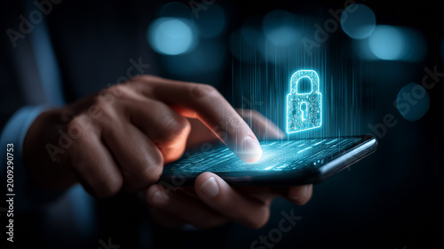 A person using a smartphone with a digital lock icon, symbolizing mobile cybersecurity, privacy protection and secure access.
