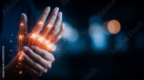 A hand holding painful joints with glowing bone anatomy, symbolizing arthritis care, injury diagnosis and orthopedic treatment.
