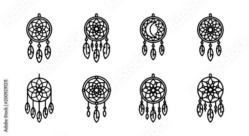 Schilderij op canvas Dreamcatcher icons, dream catcher set, bohemian vector graphics, black line art