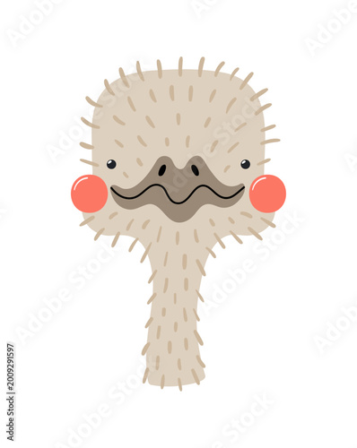 Cute little ostrich face illustration isolated. Kawaii cartoon character. Wil...