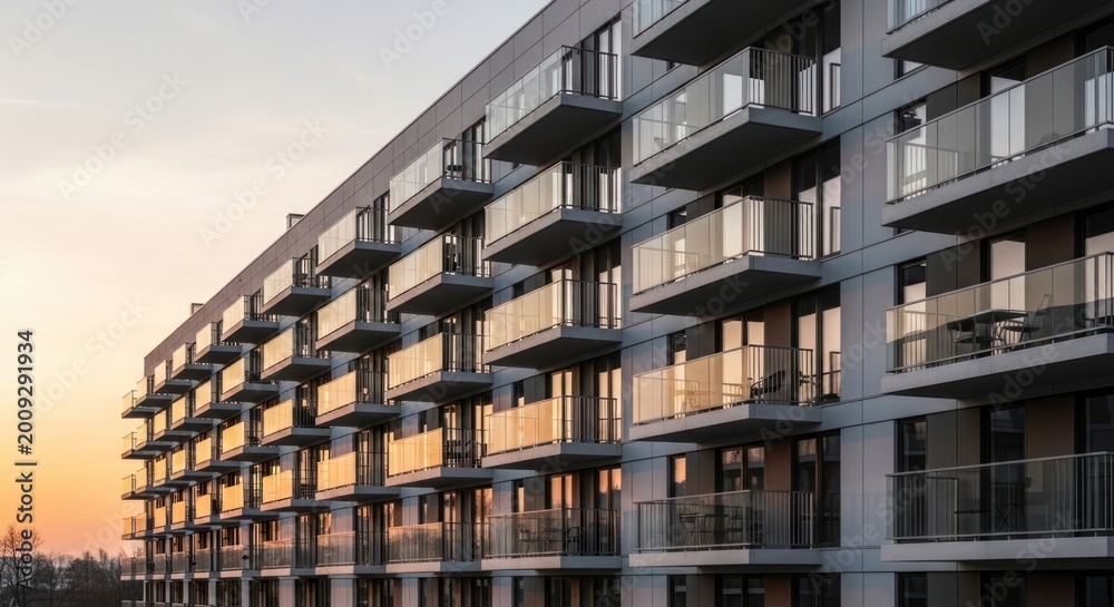 Obraz premium Modern apartment building with balconies at sunset golden hour