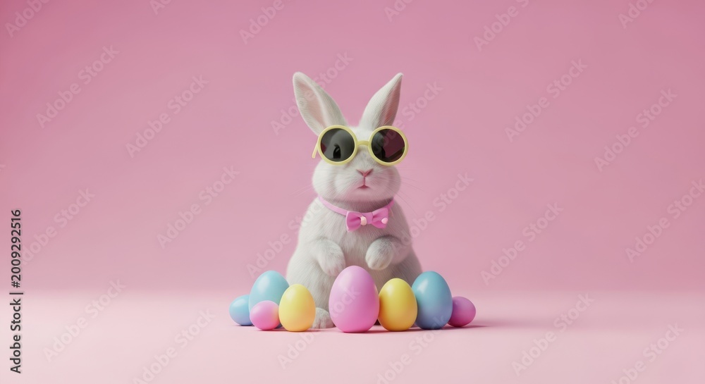 Fototapeta premium A white rabbit wearing sunglasses and a bow tie sitting with colorful easter eggs on a pink background
