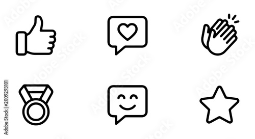 Social media icons, rating symbols, thumbs up, chat bubbles, feedback signs