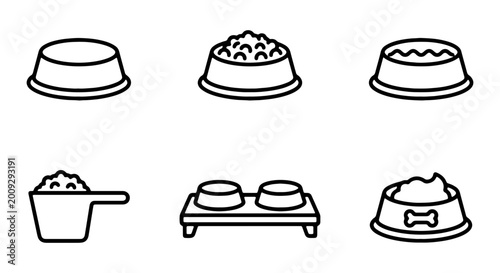 Pet food icons, dog bowl set, pet bowl illustrations, animal feeding symbols