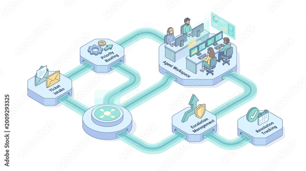 Obraz premium Isometric Customer Support Workflow Infographic with Ticket Routing, Agent Workspace and Resolution Tracking for Business Process Automation