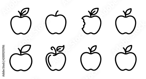 Minimalist apple icon set, 8 linear fruit vector symbols, black outline apple graphics