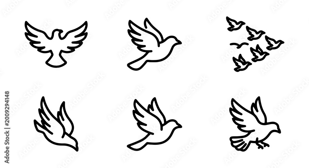 Fototapeta premium Dove icons, flying birds, black line art, minimalist design, 6 pcs