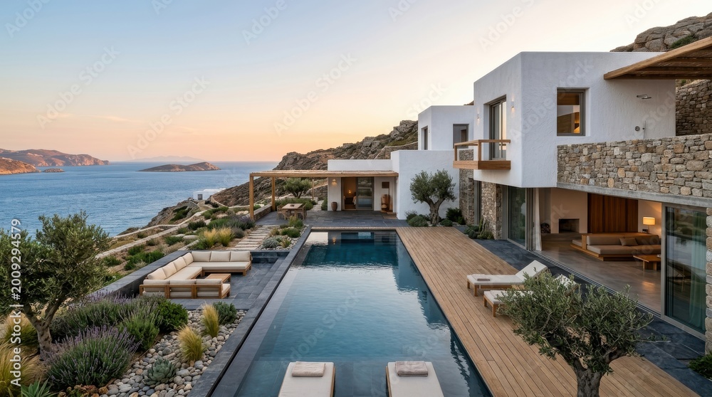 Fototapeta premium Luxury Mediterranean Escape. Modern villa with infinity pool overlooking the Aegean Sea in Greece, high-end vacation rental for luxury travel and high-end lifestyle editorial.
