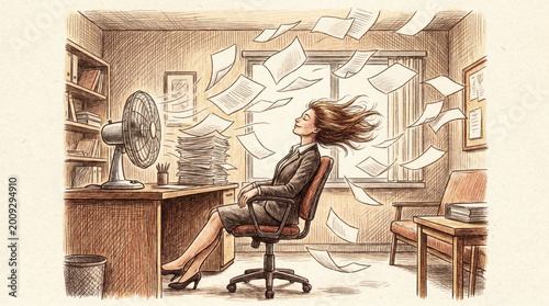 Woman resting by fan. Office chaos brings relief. Finding calm peace.