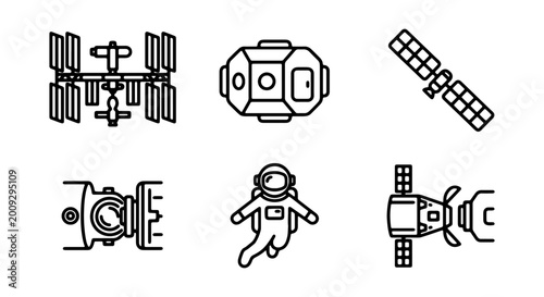 Space icons, astronaut and satellites, black line art, 6 elements