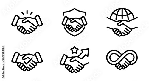 Handshake icons, business partnership symbols, agreement and trust signs, 6 line style graphics