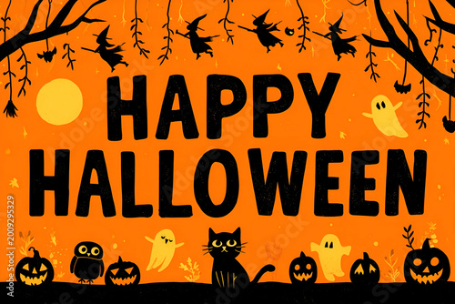 Happy halloween bats witches pumpkins and ghosts