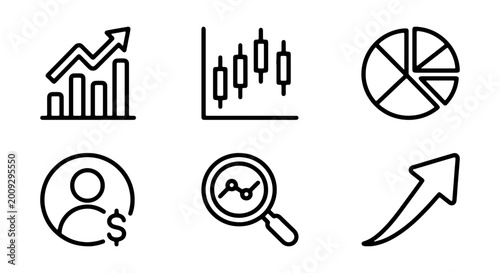 Billede på lærred 6 Business Finance Icons, Line Style, Growth, Statistics, Investment