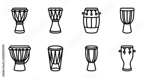 Drum icons, djembe set, vector drumheads, musical instruments