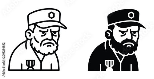 Foto Sad Soldier Icon, Military Man Portrait, Veteran Character, Grumpy Face, Medal E
