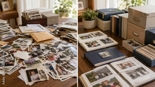 Before And After: Family Photo Archive With Printed Photos And Envelopes Mixed And Photos Sorted Into Albums And Boxes