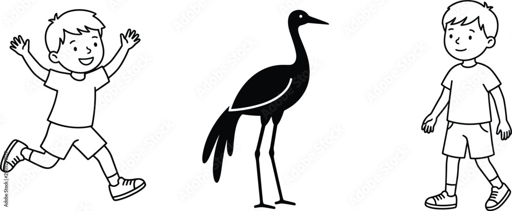 Obraz premium Kids with bird silhouette, playful children characters and animal, cartoon line art coloring page vector illustration set