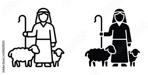Fotografía Shepherd with Sheep Icons, Pastoral Scene Vector Graphics, Religious Symbolism,