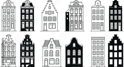 European style townhouse collection with classic facades, vintage buildings, and detailed urban architecture in black and white vector illustration set