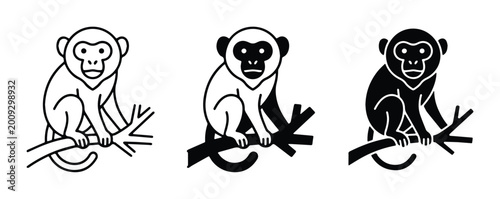 Photography simple black and white vector icons of monkeys on branches